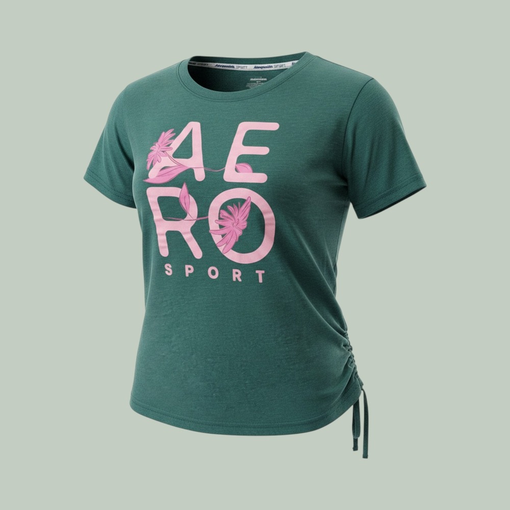 Aeropostale Sport Baby Tee M Green Pink Soft Athleisure Y2K Graphic Cinched Side